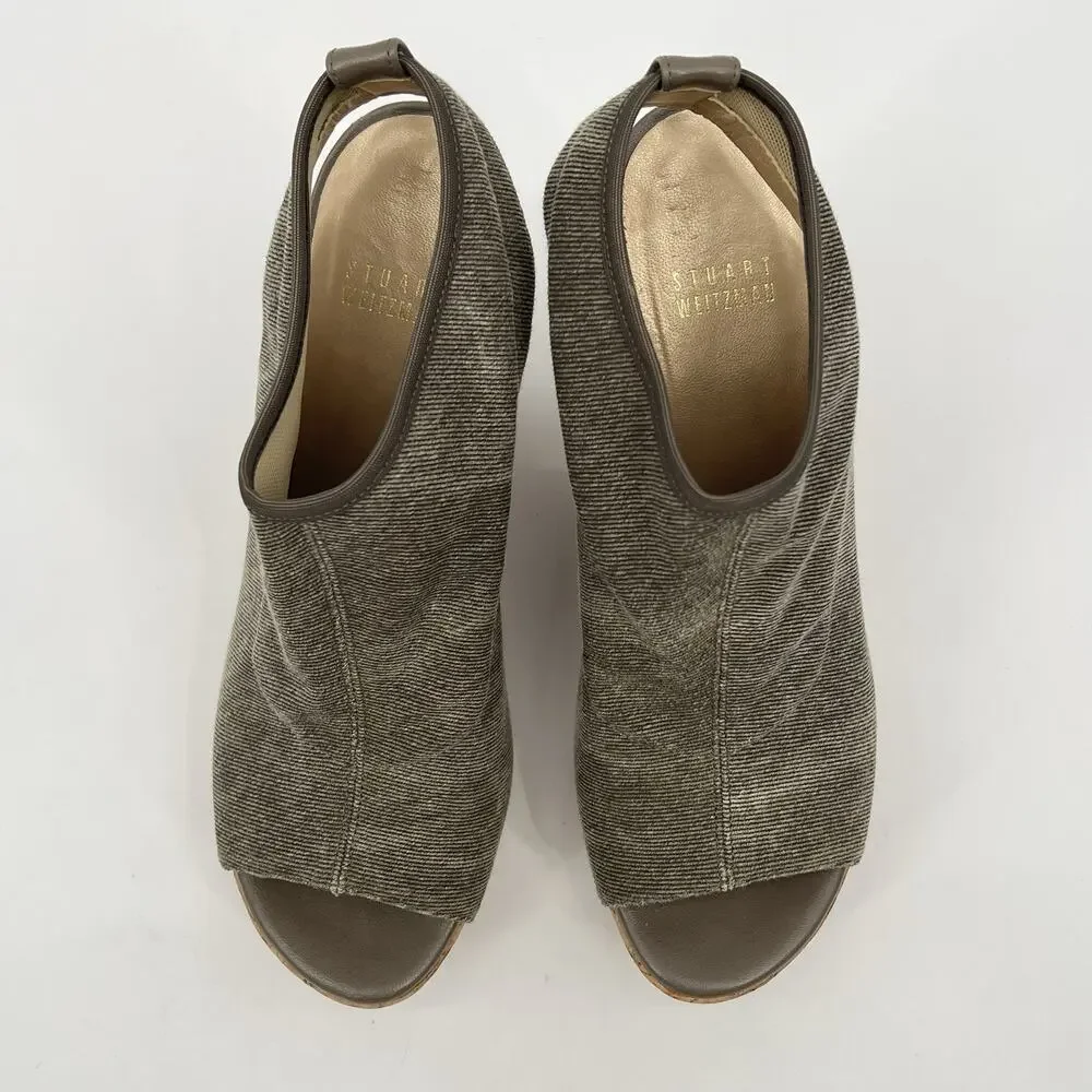 Stuart Weitzman‎ Glove Tan Stretch Wedge Slingback Sandal Size 8M Cork Peep Toe - Picture 6 of 12